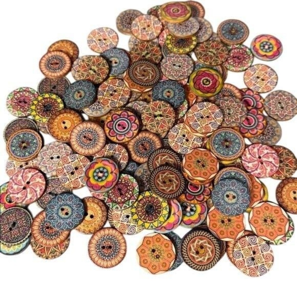 130 Assorted Round Vibrant Wood Buttons Boho Mandala Patterns Crafting‎ Sewing